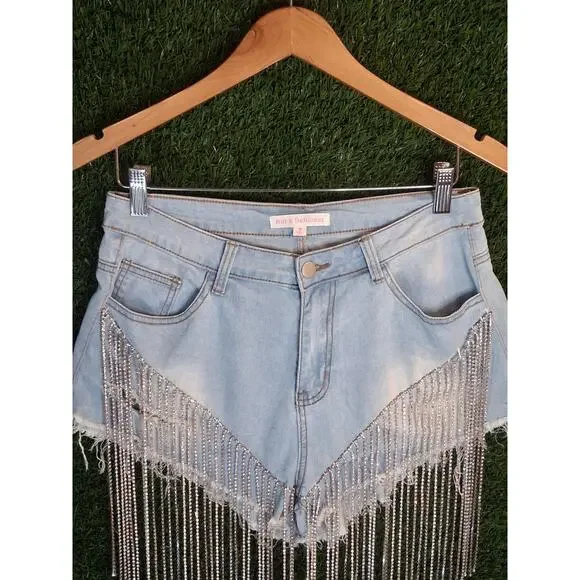 Hot & Delicious Rhinestone Fringe Denim Shorts Icy GRL Light Wash Medium... - Picture 3 of 7
